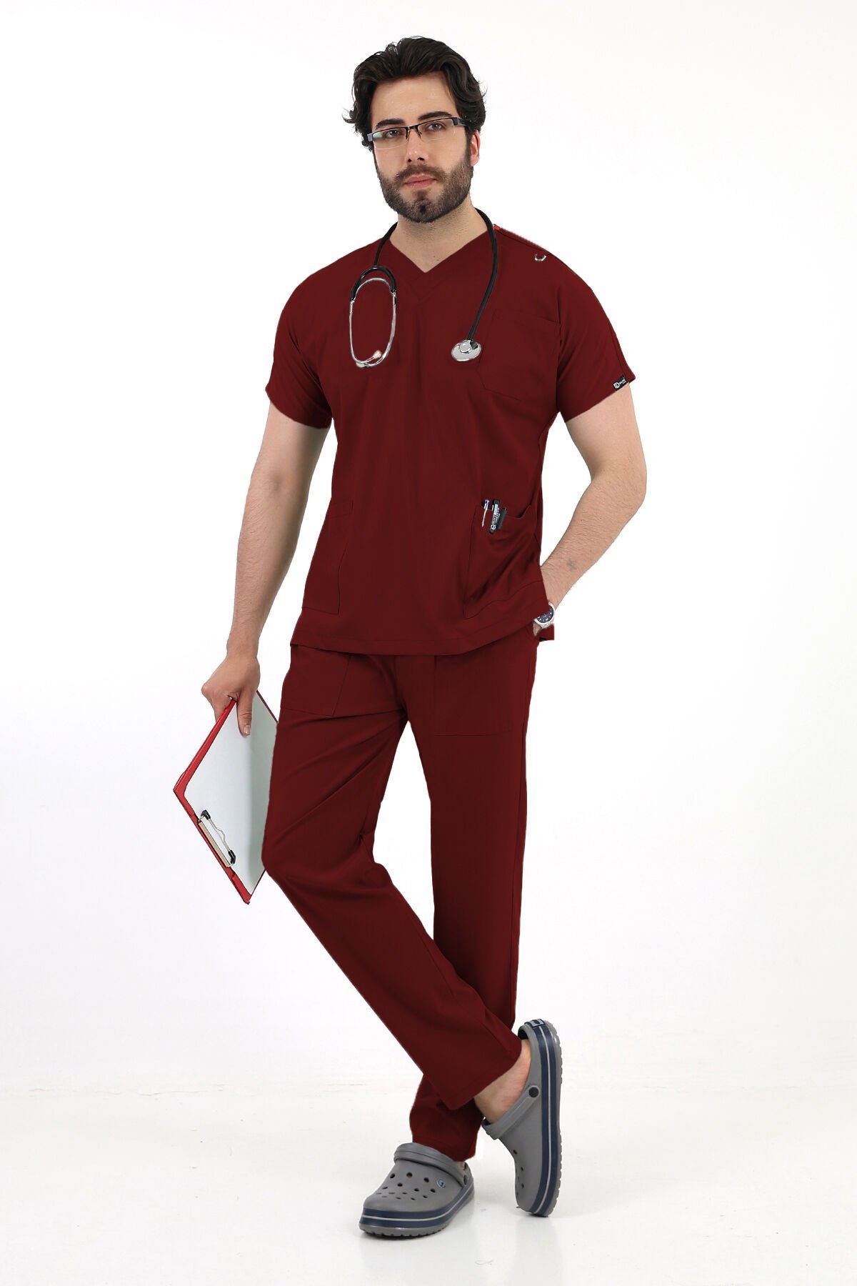 Bordo Dr Greys Yarasa Kol Erkek Scrubs Takımı