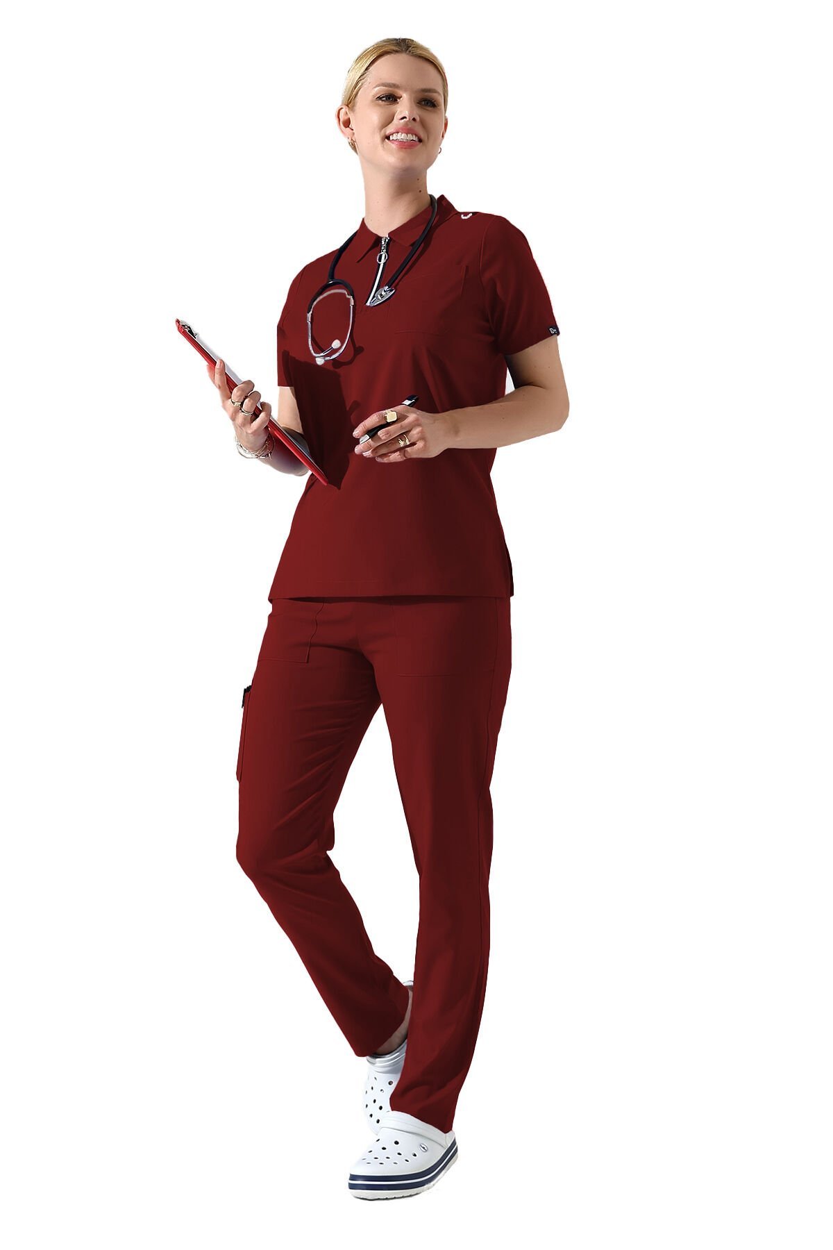 Bordo Polo Yaka Fermuar Detaylı Likralı Kadın Forma Takımı