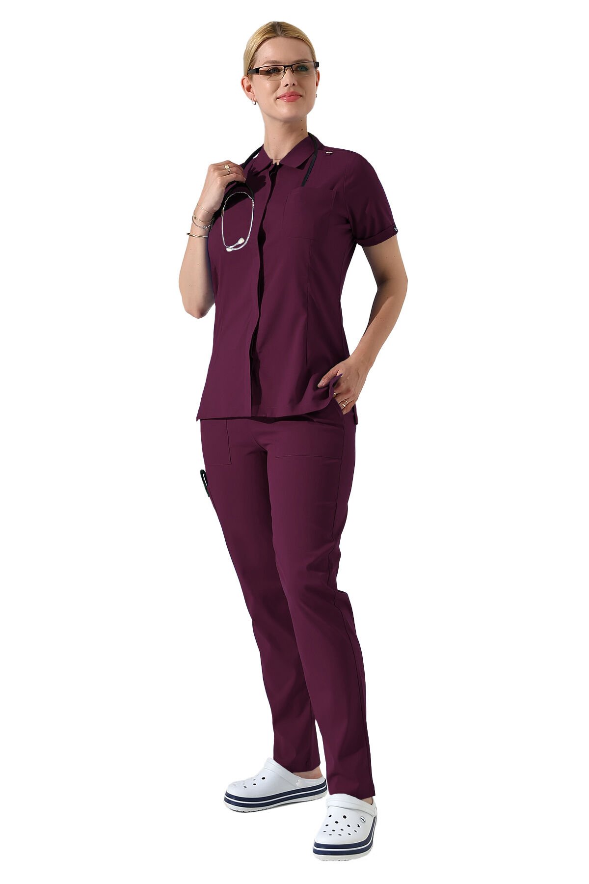 Mürdüm Çıtçıtlı Polo Yaka Doktor hemşire Scrubs Takımı