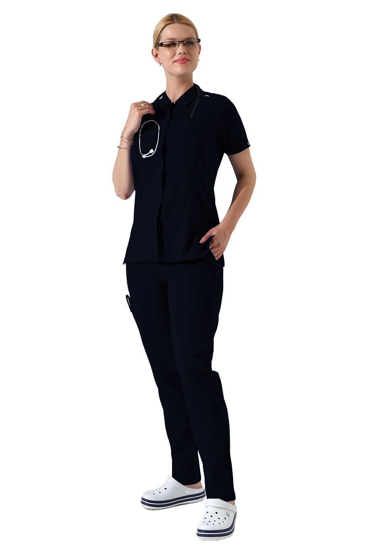 Lacivert Çıtçıtlı Polo Yaka Doktor hemşire Scrubs Takımı