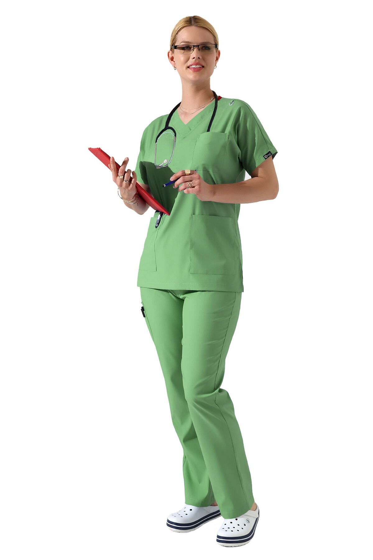Dr Greys V Yaka Yarasa Kol Kadın Scrubs Takımı, Büyük Beden Scrubs