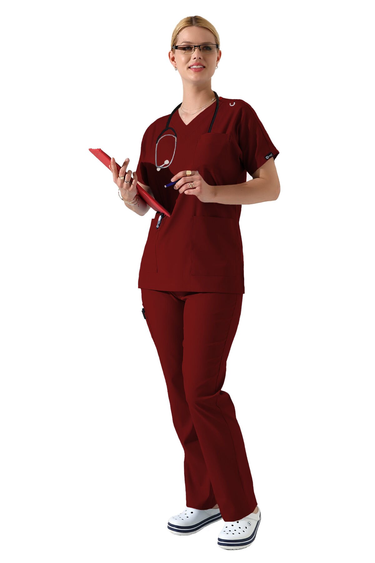 Bordo Dr Greys V Yaka Yarasa Kol Kadın Scrubs Takımı, Büyük Beden Scrubs