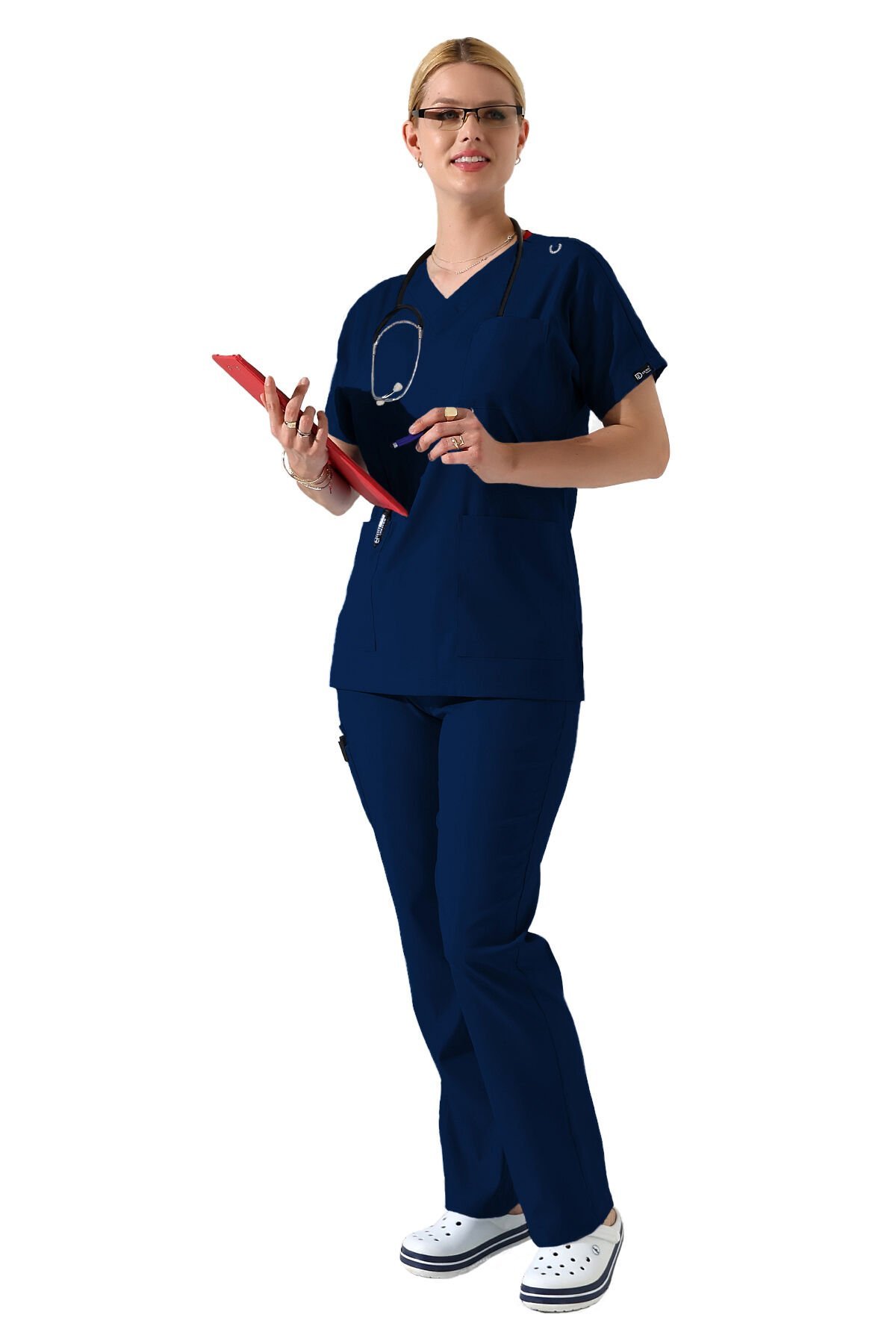 İndigo Dr Greys V Yaka Yarasa Kol Kadın Scrubs Takımı, Büyük Beden Scrubs