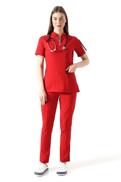 KIRMIZI LİKRALI DOKTOR HEMŞİRE FORMASI