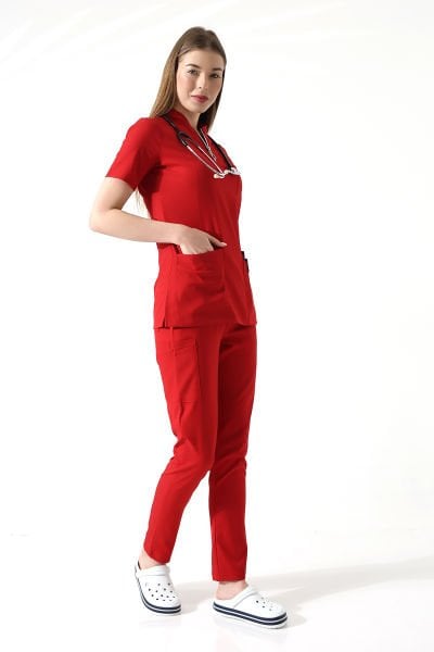 KIRMIZI LİKRALI DOKTOR HEMŞİRE FORMASI