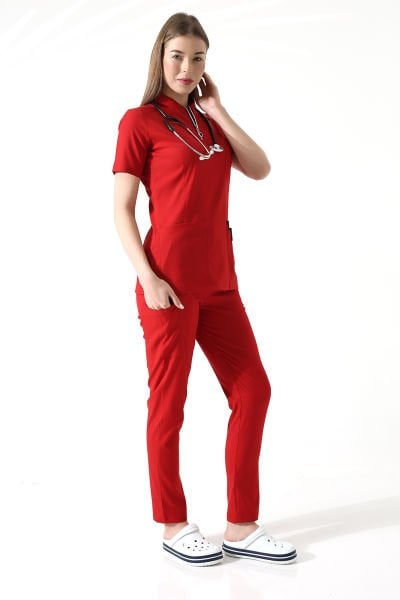 KIRMIZI LİKRALI DOKTOR HEMŞİRE FORMASI