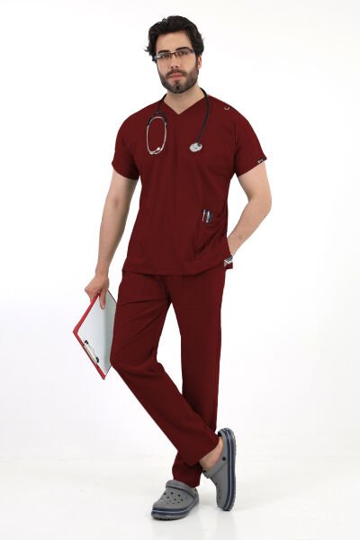 Bordo Dr Greys Yarasa Kol Erkek Scrubs Takımı