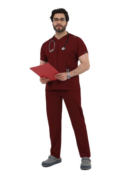 Bordo Dr Greys Yarasa Kol Erkek Scrubs Takımı