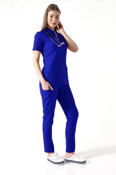 SAKS MAVİSİ FERMUARLI HAKİM YAKA DOKTOR FORMA NÖBET TAKIMI