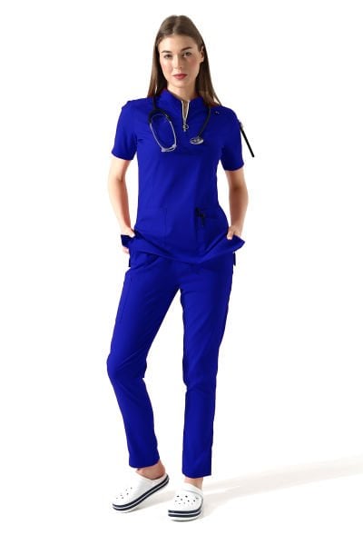 SAKS MAVİSİ FERMUARLI HAKİM YAKA DOKTOR FORMA NÖBET TAKIMI