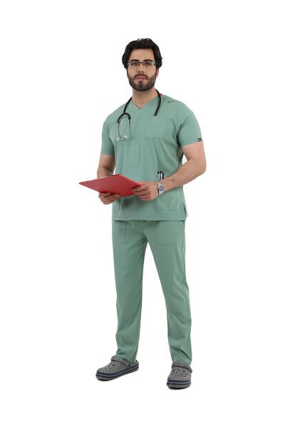Likralı Mint Yeşili V Yaka Takma Kol Erkek Scrubs Takımı
