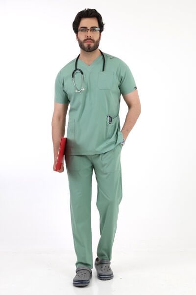 Likralı Mint Yeşili V Yaka Takma Kol Erkek Scrubs Takımı