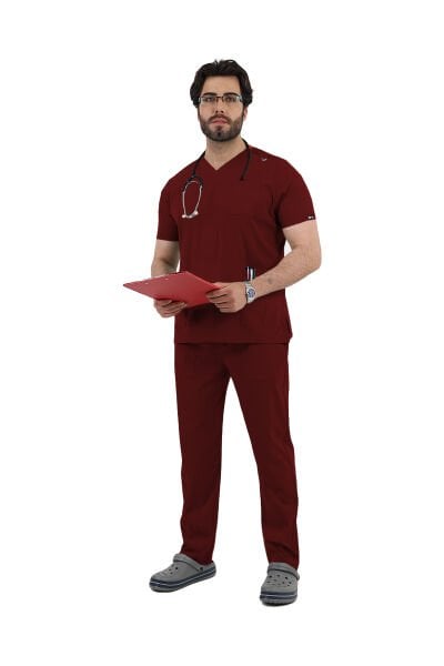 Bordo Likralı V Yaka Takma Kol Erkek Forma Takımı