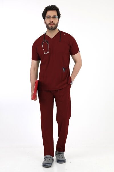 Bordo Likralı V Yaka Takma Kol Erkek Forma Takımı