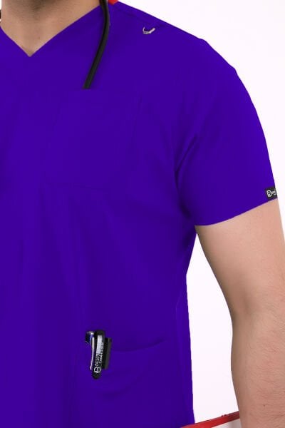 Saks Mavisi Likralı V Yaka Takma Kol Erkek Scrubs Forma Takımı