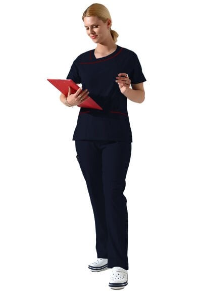 Lacivert Likralı Yaka Detaylı Kadın Scrubs Forma Takımı