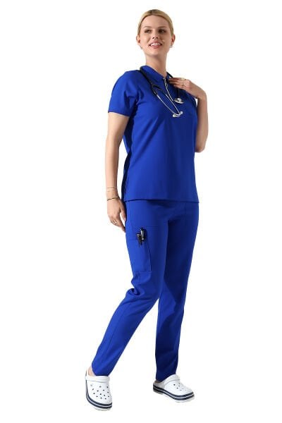 Saks Mavisi Polo Yaka Fermuar Detaylı Likralı Kadın Forma Takımı