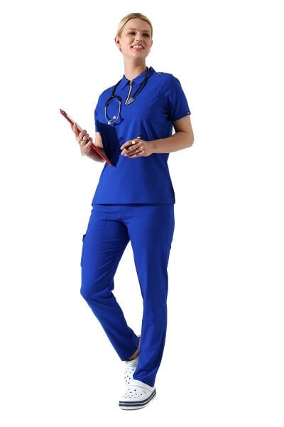 Saks Mavisi Polo Yaka Fermuar Detaylı Likralı Kadın Forma Takımı