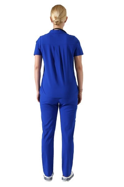 Saks Mavisi Polo Yaka Fermuar Detaylı Likralı Kadın Forma Takımı