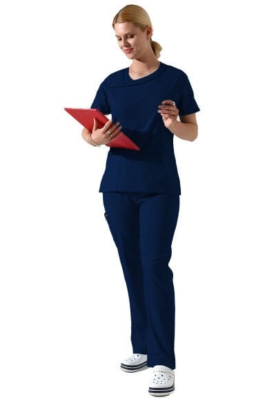 İndigo Likralı Yaka Detaylı Kadın Scrubs Forma Takımı