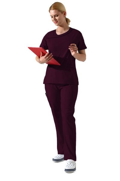 Mürdüm Likralı Yaka Detaylı Kadın Scrubs Forma Takımı