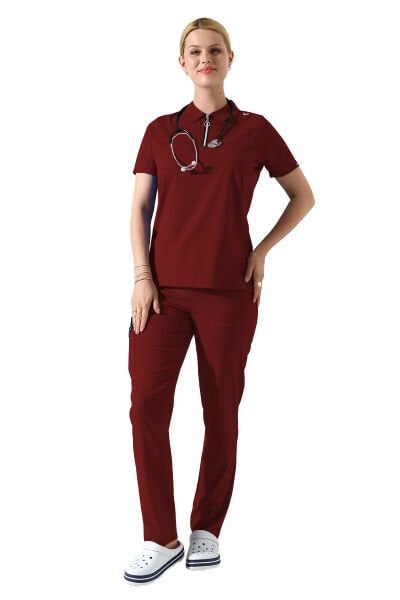 Bordo Polo Yaka Fermuar Detaylı Likralı Kadın Forma Takımı