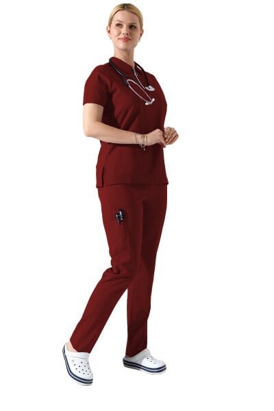 Bordo Polo Yaka Fermuar Detaylı Likralı Kadın Forma Takımı