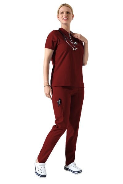 Bordo Polo Yaka Fermuar Detaylı Likralı Kadın Forma Takımı