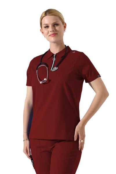 Bordo Polo Yaka Fermuar Detaylı Likralı Kadın Forma Takımı