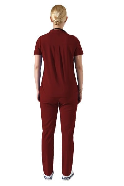 Bordo Polo Yaka Fermuar Detaylı Likralı Kadın Forma Takımı