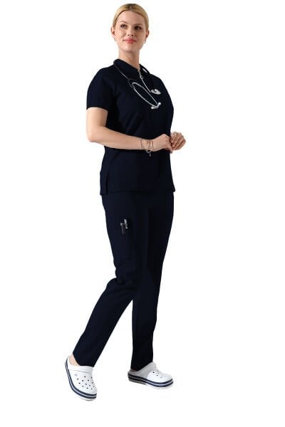 Lacivert Polo Yaka Fermuar Detaylı Likralı Kadın Forma Takımı
