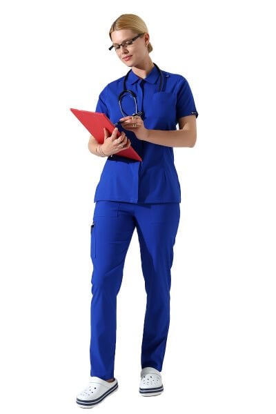 Saks Mavisi Çıtçıtlı Polo Yaka Doktor hemşire Scrubs Takımı