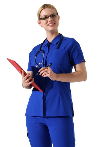Saks Mavisi Çıtçıtlı Polo Yaka Doktor hemşire Scrubs Takımı