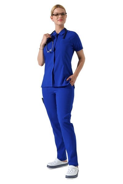 Saks Mavisi Çıtçıtlı Polo Yaka Doktor hemşire Scrubs Takımı