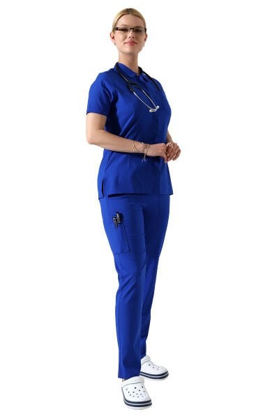 Saks Mavisi Çıtçıtlı Polo Yaka Doktor hemşire Scrubs Takımı