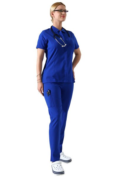 Saks Mavisi Çıtçıtlı Polo Yaka Doktor hemşire Scrubs Takımı