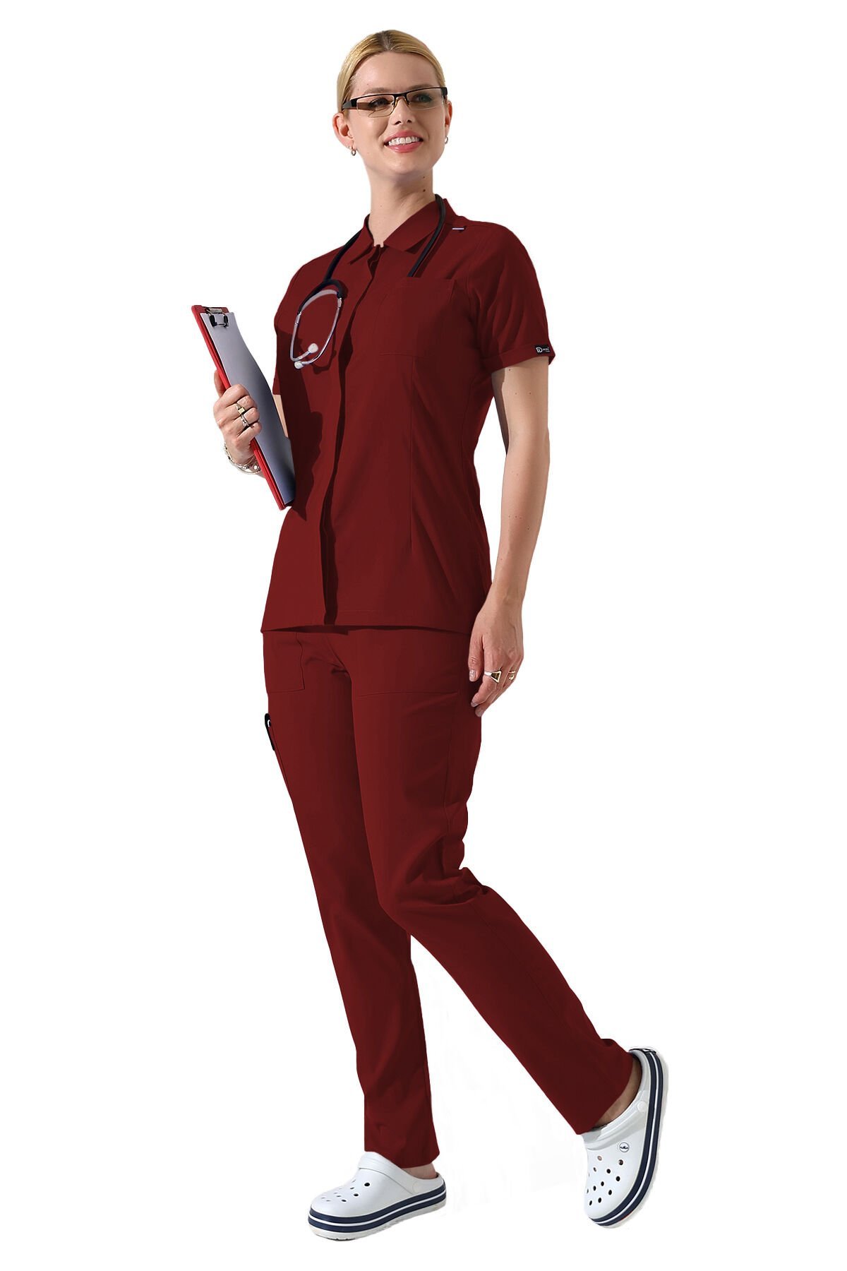 Bordo Çıtçıtlı Polo Yaka Doktor hemşire Scrubs Takımı