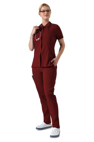 Bordo Çıtçıtlı Polo Yaka Doktor hemşire Scrubs Takımı