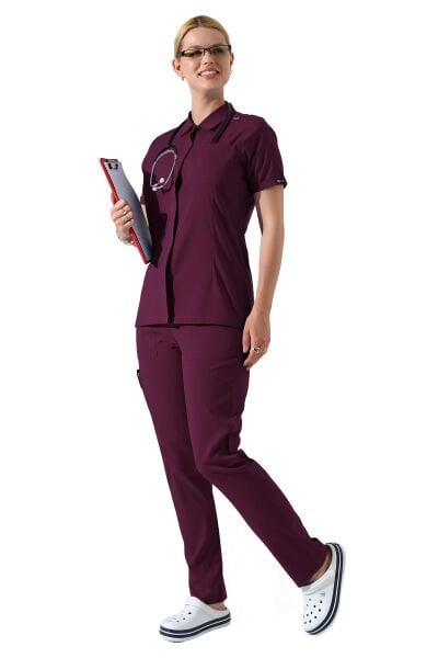Mürdüm Çıtçıtlı Polo Yaka Doktor hemşire Scrubs Takımı