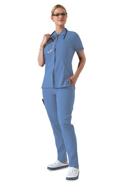 Açık Mavi Çıtçıtlı Polo Yaka Doktor hemşire Scrubs Takımı