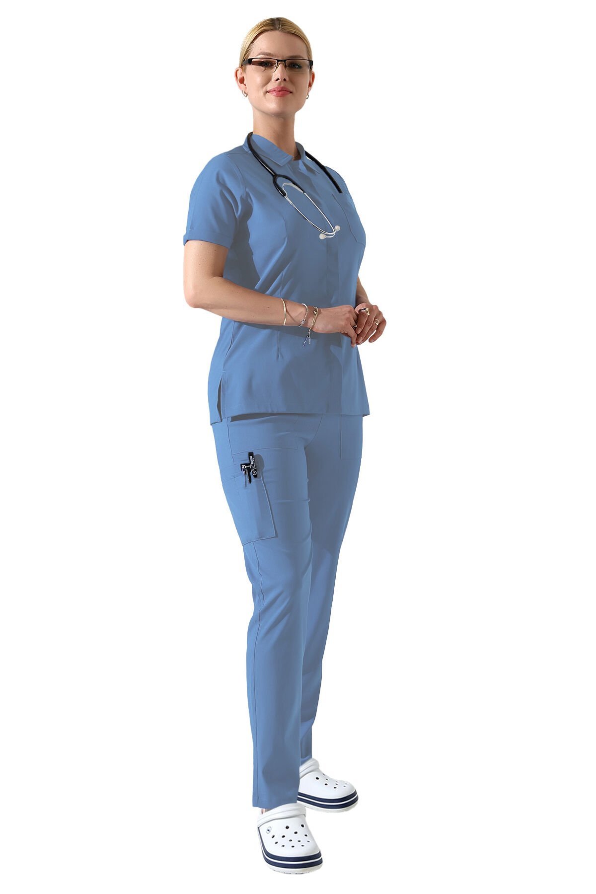 Açık Mavi Çıtçıtlı Polo Yaka Doktor hemşire Scrubs Takımı