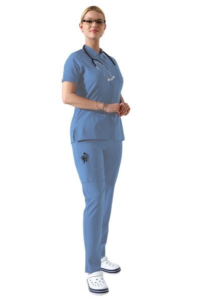 Açık Mavi Çıtçıtlı Polo Yaka Doktor hemşire Scrubs Takımı