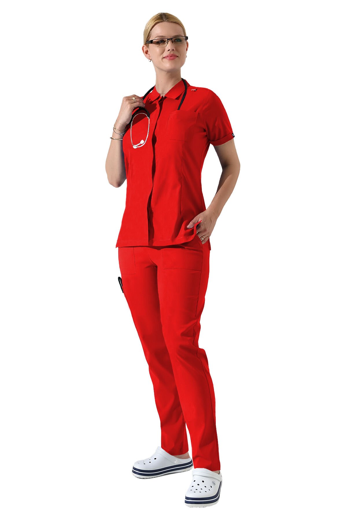 Kırmızı Çıtçıtlı Polo Yaka Doktor hemşire Scrubs Takımı