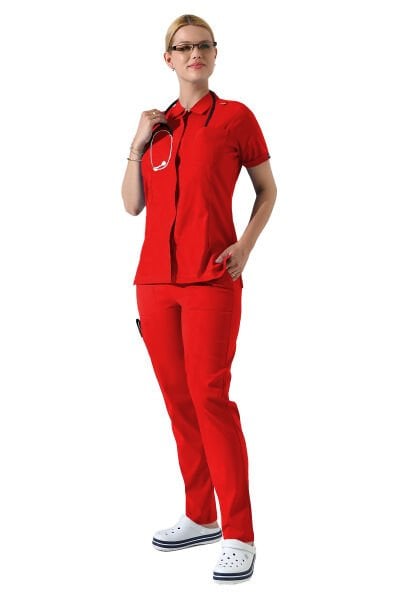 Kırmızı Çıtçıtlı Polo Yaka Doktor hemşire Scrubs Takımı