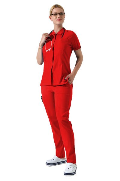 Kırmızı Çıtçıtlı Polo Yaka Doktor hemşire Scrubs Takımı