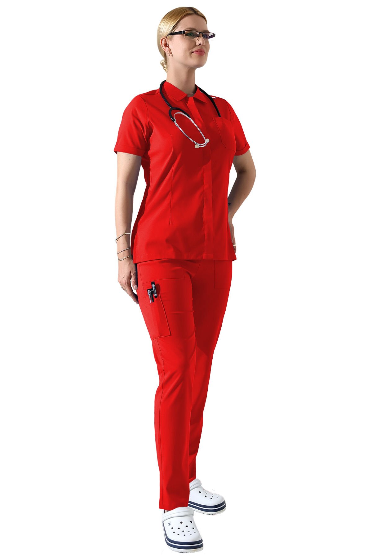 Kırmızı Çıtçıtlı Polo Yaka Doktor hemşire Scrubs Takımı