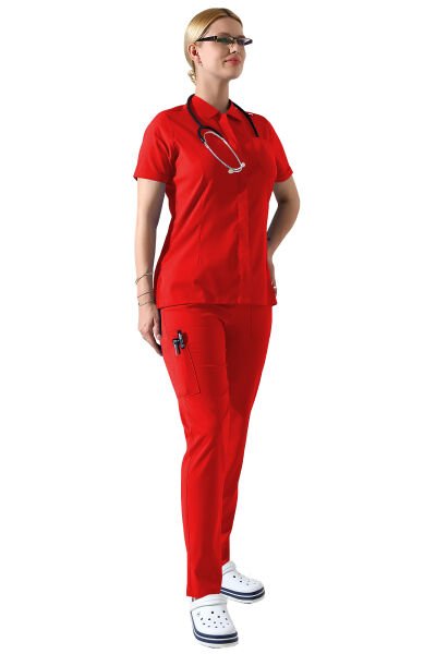 Kırmızı Çıtçıtlı Polo Yaka Doktor hemşire Scrubs Takımı