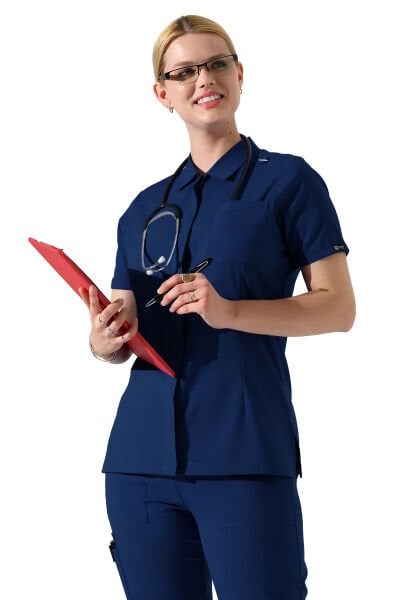 İndigo Çıtçıtlı Polo Yaka Doktor hemşire Scrubs Takımı