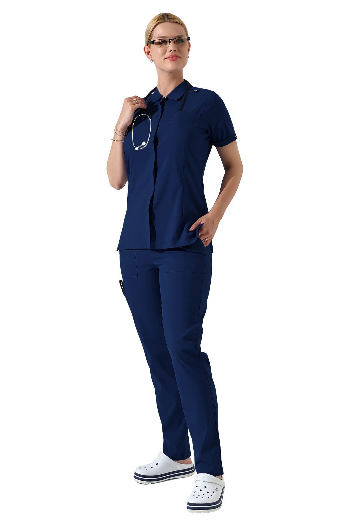 İndigo Çıtçıtlı Polo Yaka Doktor hemşire Scrubs Takımı