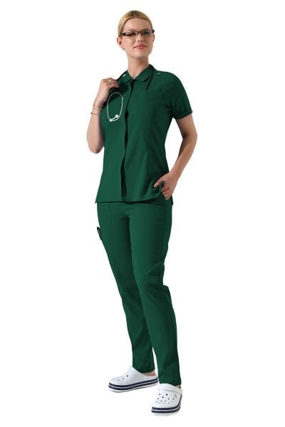 Yeşil Çıtçıtlı Polo Yaka Doktor hemşire Scrubs Takımı